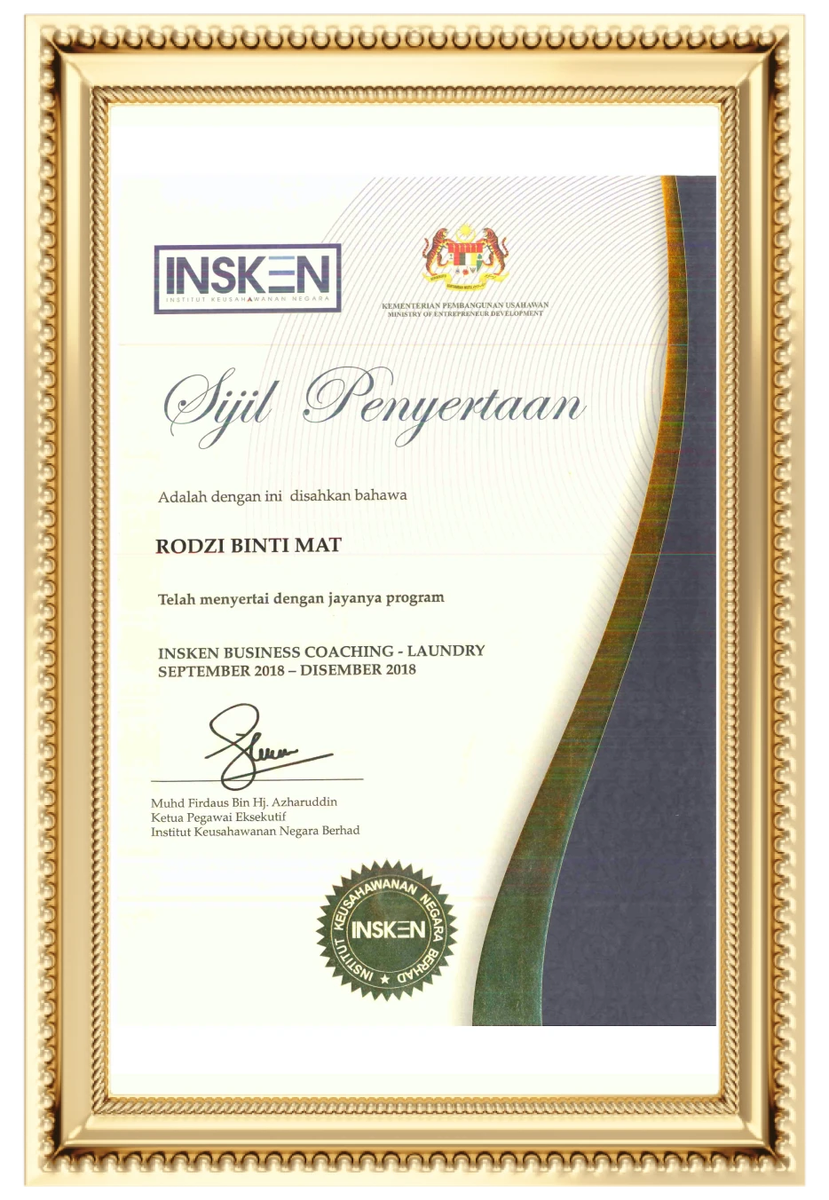 Sijil Pengesahan INSKEN (Institut Keusahawanan Negara)